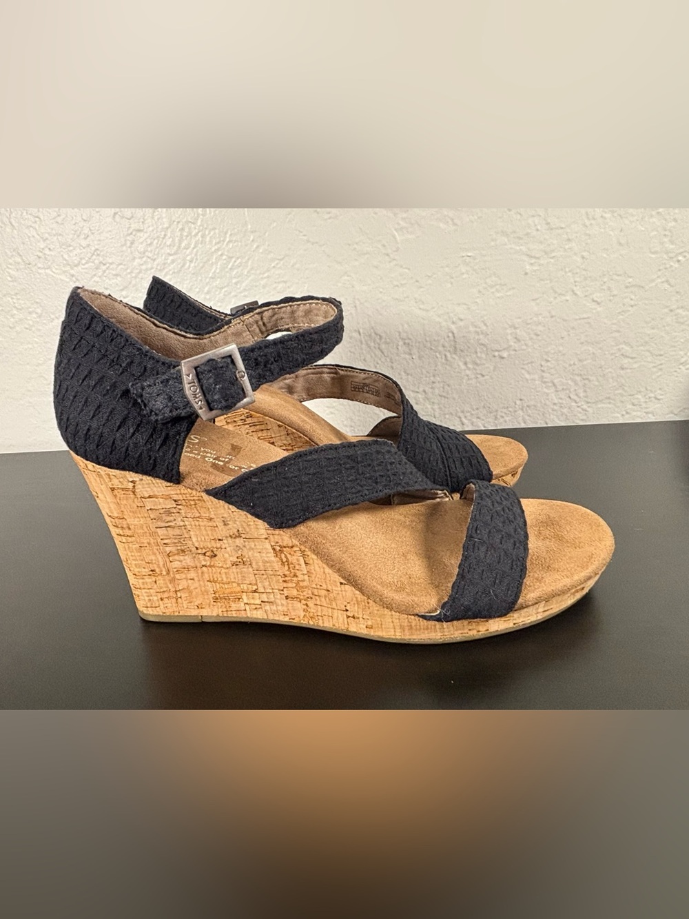 Toms Black Woven Canvas Cork Wedge Summer Spring Classy Sandals  Ankle Strap - Picture 8 of 13